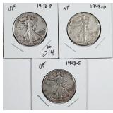 1943 P-D-S  Walking Liberty Half Dollars   VF-XF