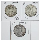 1944 P-D-S  Walking Liberty Half Dollars   VF