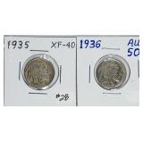 1935 & 1936  Buffalo Nickels   XF & AU