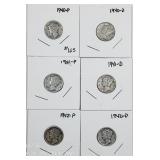 Lot of 6  Mercury Dimes