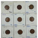 Lot of 9;  Lincon Cents  1909 - 1929-D  VG-XF