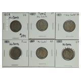 lot of 6;  1883  "No Cents"  Liberty Nickels VG-XF