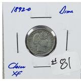 1892-O  Barber Dime   XF  First year issue