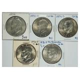 Lot of 5;  Eisenhower Dollars 1972 - 1976-D type-2