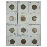 Lot of 12;  Liberty Nickels  1889 - 1895  AG - G
