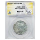 1936-D Rhode Island Comm. Half Dollar  ANACS MS-64