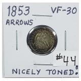 1853 Arrows  Seated Liberty Dime  VF-30  Toned