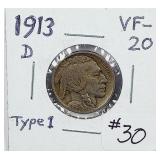 1913-Dv Type I  Buffalo Nickel   VF-30
