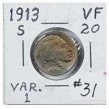 1913-S  Var. 1  Buffalo Nickel   VF-20