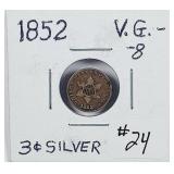 1852  Three Cent Silver   VG-8