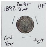 1892  Barber Dime   VF   First year issue