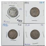 1910, 1911, 1912 & 1912  Liberty Nickels  VG - F