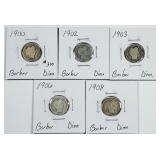 1900, 1902, 1903, 1906 & 1908  Barber Dimes AG/G