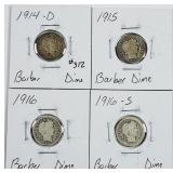 1914-D, 1915, 1916 & 1916-S  Barber Dimes  G/AG