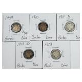 1909, 1910, 1911-D, 1912-D,1913  Barber Dimes G/AG