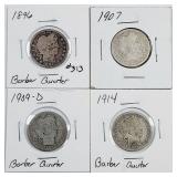 1896, 1907, 1909-D & 1914  Barber Quarters  G/AG
