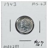 1943  Mercury Dime   MS-63