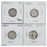 1936-D, 37-D, 38-D & 39-D  Mercury Dimes  XF-AU