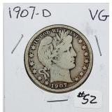 1907-D  Barber Half Dollar   VG