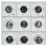 Lot of 9  Washington Quarters  1986 - 1994-D  BU