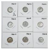 Lot of 9  1963-D  Roosevelt Dimes  90% silver