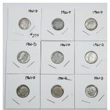 Lot of 9  1961-D  Roosevelt Dimes  90% silver