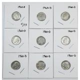 Lot of 9  1960-D  Roosevelt Dimes  90% silver