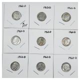 Lot of 9  1962-D  Roosevelt Dimes  90% silver