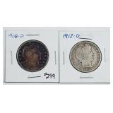 1908-D & 1912-D  Barber Half Dollars   G
