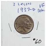 1937-D  3 Legged  Buffalo Nickel   VF detail