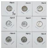 Lot of 9  1960-D  Roosevelt Dimes  90% silver