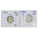 1941 & 1941-D  Mercury Dimes   AU-58