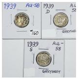 1939 P-D-S  Mercury Dimes  AU-58