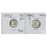1942 & 1942-S  Mercury Dimes   MS-62