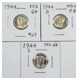 1944  P-D-S  Mercury Dimes   MS-64, 62 FB & 64