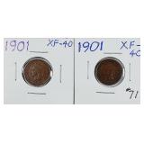1901 & 1901  Indian Head Cents   XF-40