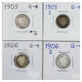 1905, 1905-S, 1906 & 1906-S  Barber Dimes  G