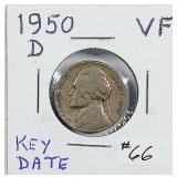 1950-D  Jefferson Nickel   VF  Key date
