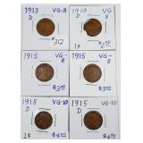 Lot of 6;   Lincoln Cents   1913-D - 1915-D  VG