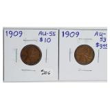 2   1909  Lincoln Cents   AU-55 & 53
