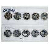Set of 10;  2019 & 2020  W mint quarters  Unc.