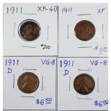 1911, 1911, 1911-D & 1911-D  Lincoln Cents XF & VG