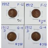 1912, 1912, 1912-D & 1912-D  Lincoln Cents  F & G