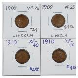 1909, 1909, 1910 & 1910  Lincon Cents  VF & XF