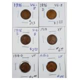 Lot of 6;  Lincoln Cents   1916 - 1918-S  VG - XF