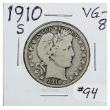 1910-S  Barber Half Dollar  VG-8