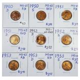 Lot of 9  Lincoln Cents  MS  1950-D - 1953-S