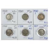 Lot 0f 6  Buffalo Nickels  VF - XF  1929-S - 1937