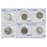 Lot of 6  Buffalo Nickels  G - XF  1916 - 1921