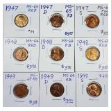 Lot of 9  Lincoln Cents  MS  1947 - 1949-S